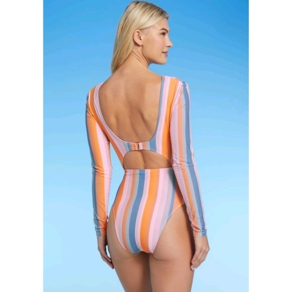 NWT Shade & Shore Multi Stripe Long Sleeve Knot-Front Cut Out One Piece - Picture 8 of 12